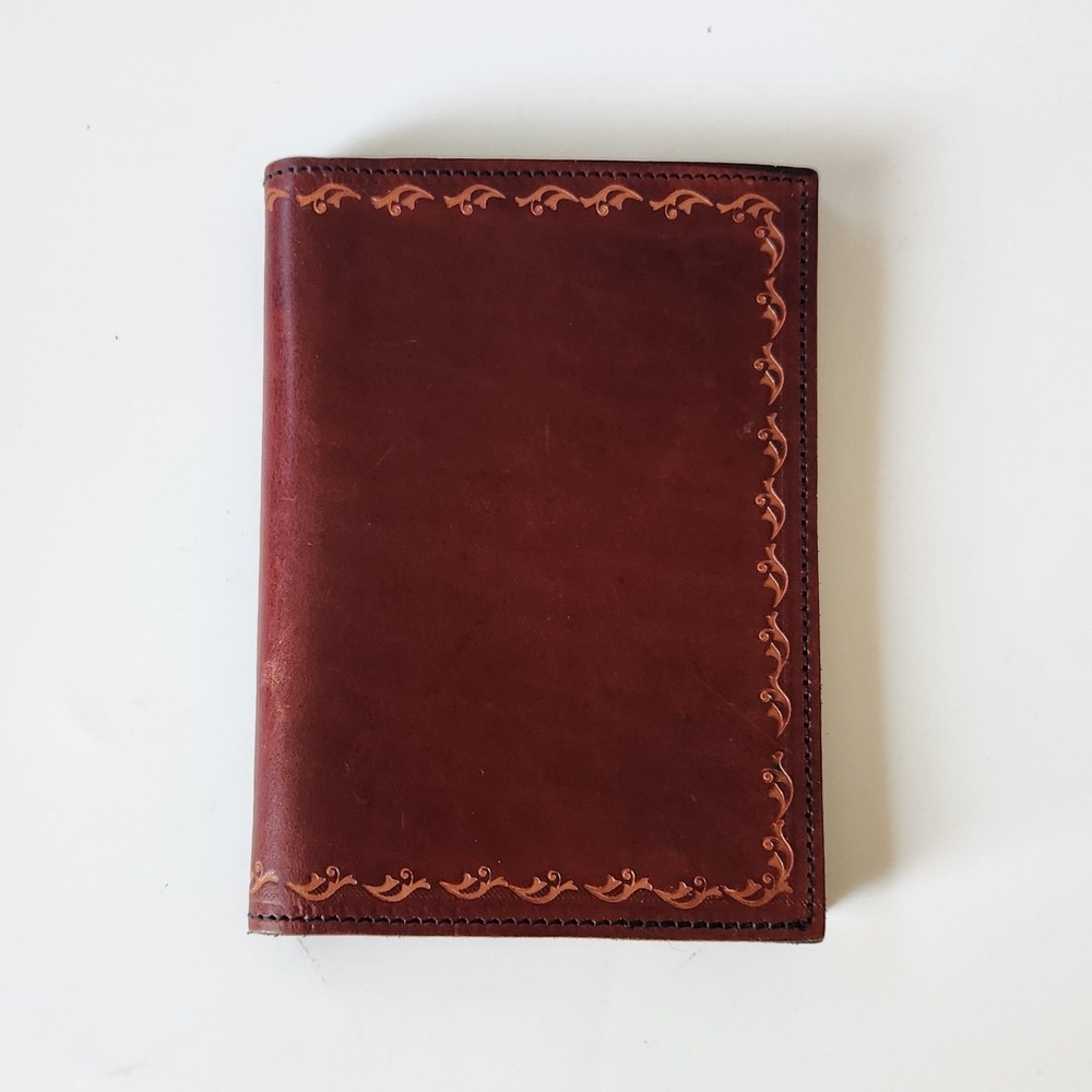 Vintage Brown Genuine Leather Mini Padfolio 4.5 x 6 Embossed Border Pocket Memo